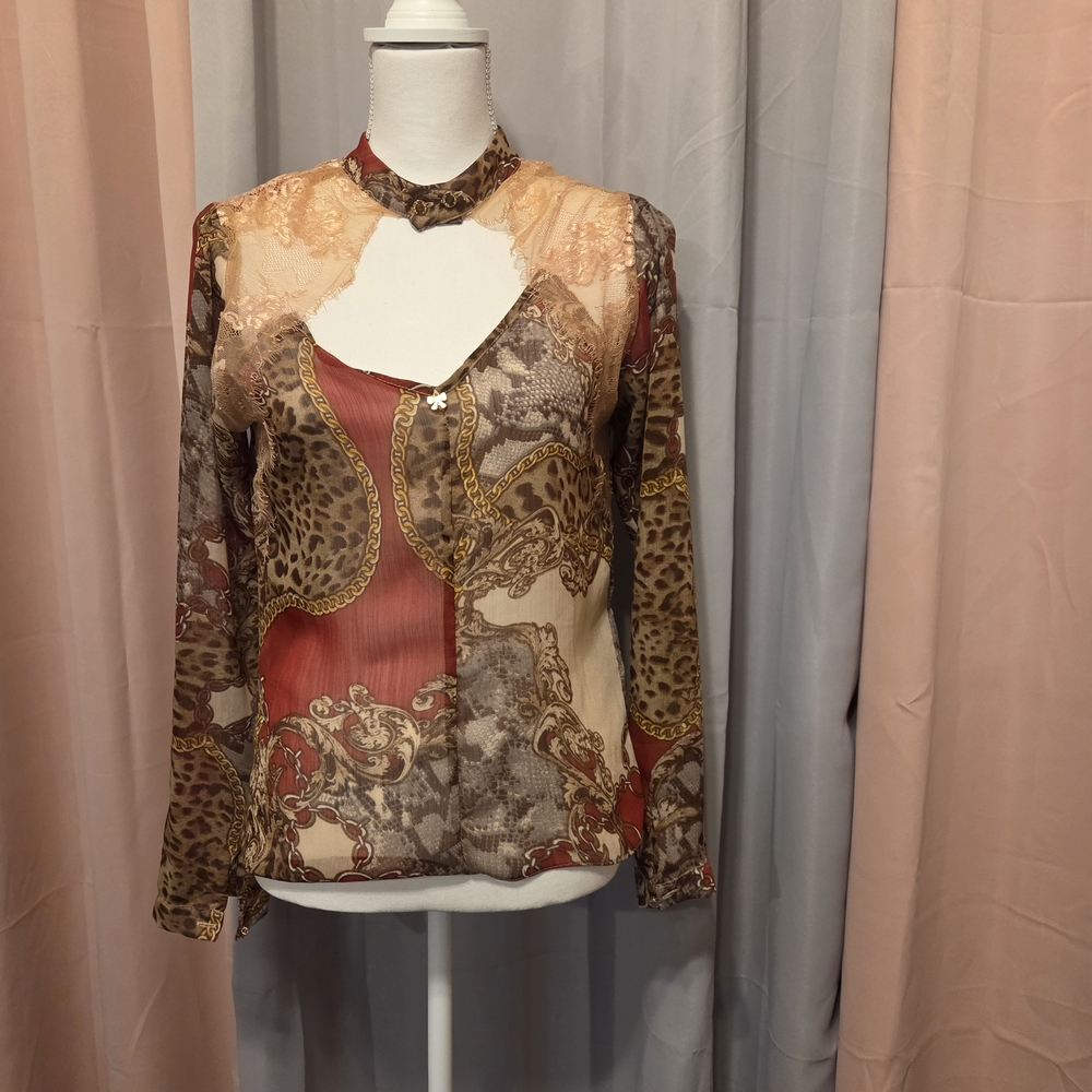 Leopard Print Patchwork Women's Sheer Top - image 1
